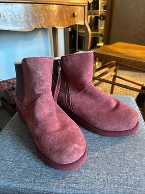BearPaw Women's Burgundy Suede Ankle Boots with Side Zip